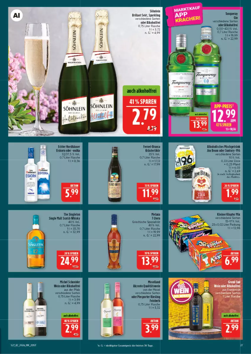 Aktueller Prospekt Marktkauf - Prospekt - von 11.10 bis 17.10.2026 - strona 27 - produkty: alkohol, brillant sekt, eier, eis, ente, Fernet, flasche, getränk, gin, jim beam, kleiner klopfer, korn, kräuter, kräuterlikör, leine, likör, mac, Metaxa, Michel Schneider, moselland, qualitätswein, reis, riesling, scotch, scotch whisky, sekt, single malt, söhnlein, söhnlein brillant, Spezi, Sport, wein, whisky, Yo, ZTE