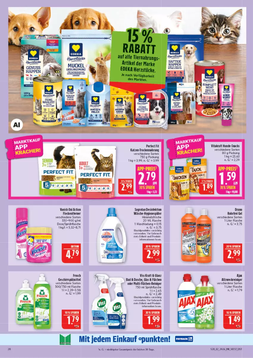 Aktueller Prospekt Marktkauf - Prospekt - von 11.10 bis 17.10.2026 - strona 28 - produkty: ajax, allzweckreiniger, Bau, bio, biozidprodukte, Desinfektion, dusche, eis, flasche, fleckentferner, Frosch, geschirr, geschirrspülmittel, hygienespüler, kraft, Mett, oxi action, Perfect Fit, Rauch, reiniger, reis, rwe, snack, snacks, sprühflasche, spülmittel, Ti, Trockennahrung, vanish, vanish oxi action, vita, vitakraft, weck, ZTE