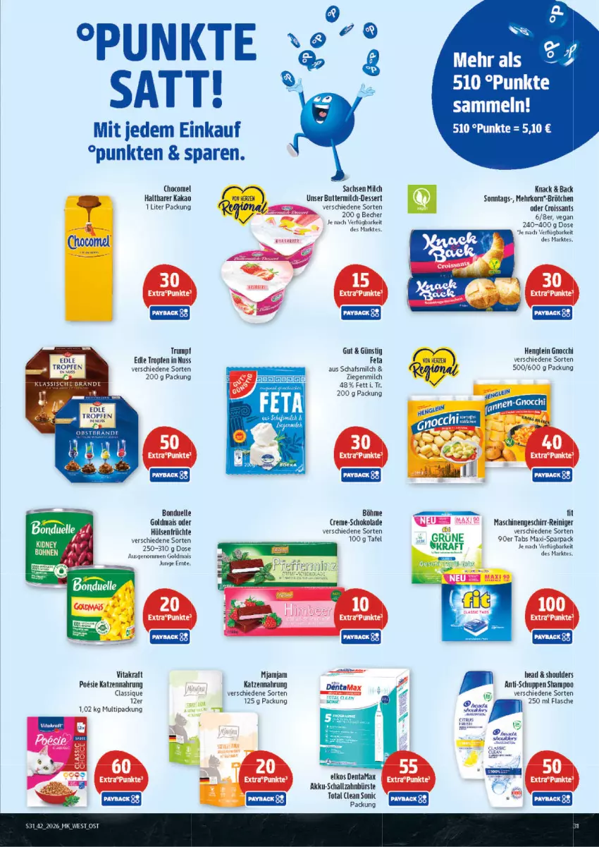 Aktueller Prospekt Marktkauf - Prospekt - von 11.10 bis 17.10.2026 - strona 31 - produkty: akku, Becher, bonduelle, brötchen, bürste, butter, buttermilch, citrus, creme, Croissant, croissants, dessert, elkos, elle, feta, flasche, früchte, geschirr, gnocchi, Goldmais, goldmais oder, henglein, hülsenfrüchte, kakao, katzennahrung, korn, kraft, mais, milch, nuss, obst, Obstbrand, payback, reiniger, rel, rum, sac, Schal, schallzahnbürste, schoko, schokolade, senf, shampoo, Ti, vita, vitakraft, Yo, zahnbürste