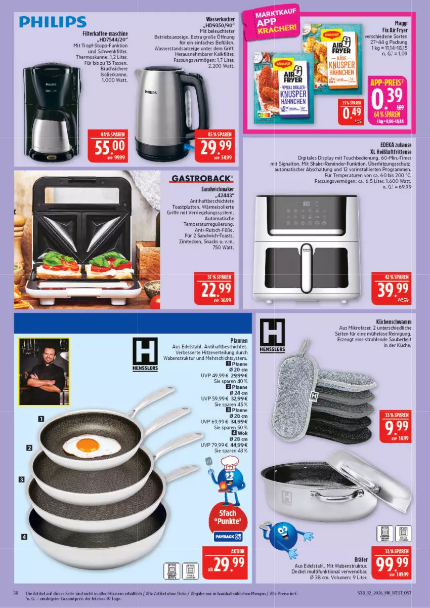 Aktueller Prospekt Marktkauf - Prospekt - von 11.10 bis 17.10.2026 - strona 38 - produkty: Airfryer, auto, decke, Deckel, deka, edelstahl, eis, filterkaffee, gastroback, isolierkanne, kaffee, Kocher, küche, Küchen, latte, Leuchte, maggi, maggi fix, mikrofaser, pfanne, pfannen, Philips, Reinigung, reis, riegel, roba, rwe, sandwich, Schal, shake, Signal, snack, snacks, tasse, Ti, timer, tisch, toast, überhitzungsschutz, wasser, wasserkocher, wok, ZTE
