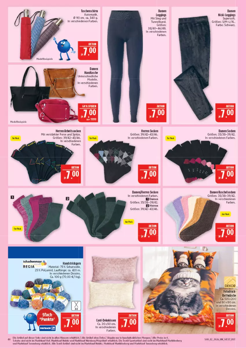 Aktueller Prospekt Marktkauf - Prospekt - von 11.10 bis 17.10.2026 - strona 40 - produkty: auto, bett, bettwäsche, dekokissen, dell, eis, elle, gin, Handtasche, kissen, Kuschelsocken, leggings, Mode, reis, Ria, schuhe, socken, Spiele, Sport, Strickgarn, Tasche, taschen, Ti, wolle