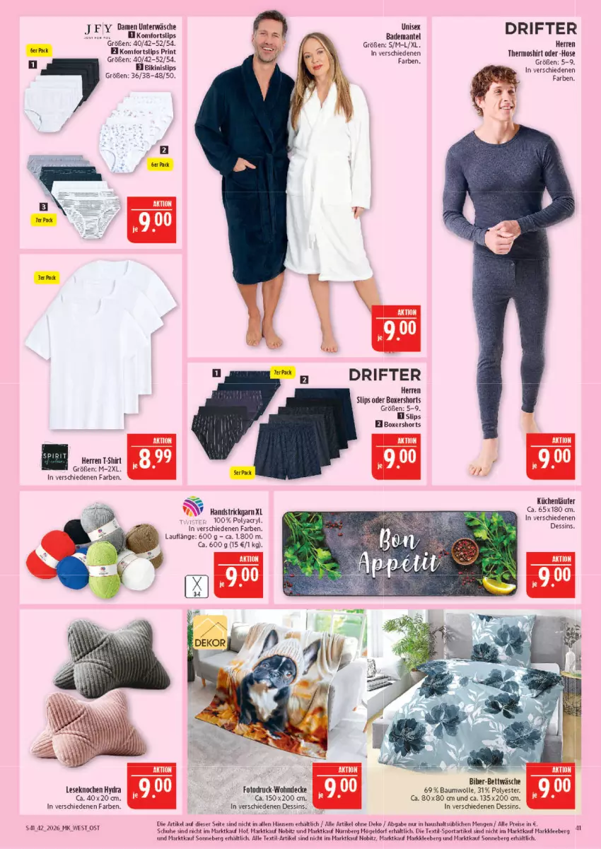 Aktueller Prospekt Marktkauf - Prospekt - von 11.10 bis 17.10.2026 - strona 41 - produkty: Bad, Bademantel, Bau, baumwolle, bett, bettwäsche, bikini, decke, eis, hose, küche, Küchen, Läufer, Mantel, reis, schuhe, shirt, shorts, slip, slips, Sport, T-Shirt, Thermoshirt, Ti, Unterwäsche, wolle