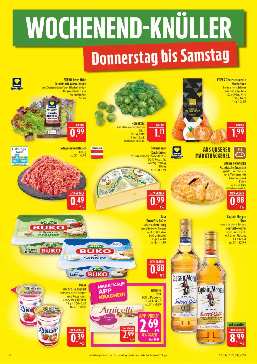 Aktueller Prospekt Marktkauf - Prospekt - von 11.10 bis 17.10.2026 - strona 42 - produkty: alkohol, amicelli, arla, arla buko, auer, ball, Bau, Bauer, Becher, Buko, Cap, captain morgan, deka, eis, ente, flasche, fleisch, frischkäse, hackfleisch, joghur, joghurt, Käse, mandarine, mandarinen, nuss, österreichischer schnittkäse, pizza, reis, rosen, Rosenkohl, rum, salami, salat, Schärdinger, schnittkäse, schwein, schweine, Schweinehackfleisch, steiner, Tasche, Ti, tomate, tomaten, wein, weine, ZTE