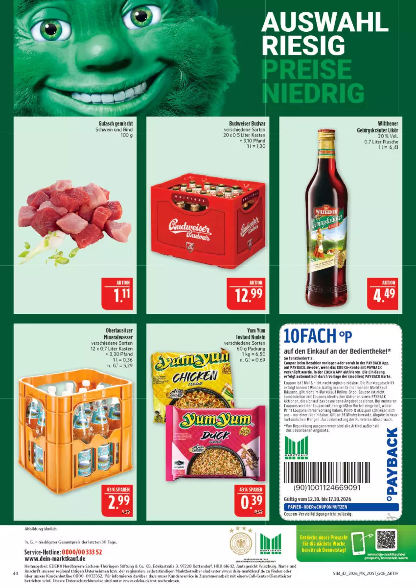 Aktueller Prospekt Marktkauf - Prospekt - von 11.10 bis 17.10.2026 - strona 44 - produkty: Alwa, Astra, auto, budweiser, coupon, deka, eis, ente, flasche, gulasch, kräuter, LG, likör, mineralwasser, nudel, nudeln, payback, reis, rind, ring, sac, schwein, schwein und rind, tee, Ti, tisch, wasser, wein, wilthener, ZTE