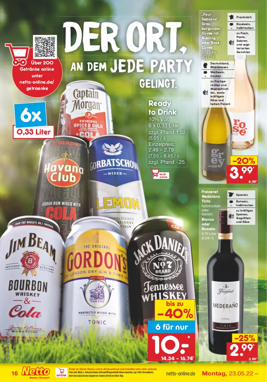 Aktueller Prospekt Netto Marken-Discount - Filial-Angebote - von 23.05 bis 28.05.2022 - strona 16 - produkty: burgunder, cuvée, drink, eis, elle, fisch, fleisch, freixenet, früchte, früchten, getränk, getränke, grauburgunder, grill, Käse, meeresfrüchte, ndk, pasta, reis, riesling, roséwein, rotwein, salat, salate, Ti, Vegeta, wein, Weißwein