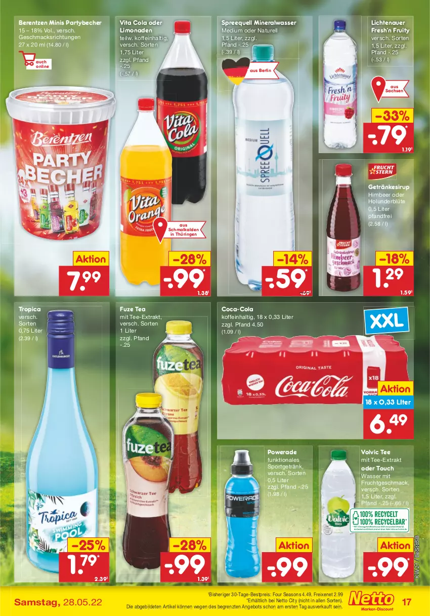 Aktueller Prospekt Netto Marken-Discount - Filial-Angebote - von 23.05 bis 28.05.2022 - strona 17 - produkty: Alwa, angebot, auer, Becher, berentzen, bestpreis, Blüte, coca-cola, cola, eis, freixenet, frucht, fuze tea, getränk, getränke, getränkesirup, himbeer, holunder, holunderblüte, lichtenauer, limo, limonade, limonaden, mac, mineralwasser, mit frucht, natur, reis, rel, ring, sac, sirup, Sport, Spreequell, tee, Ti, vita, Vita C, volvic, wasser, ZTE