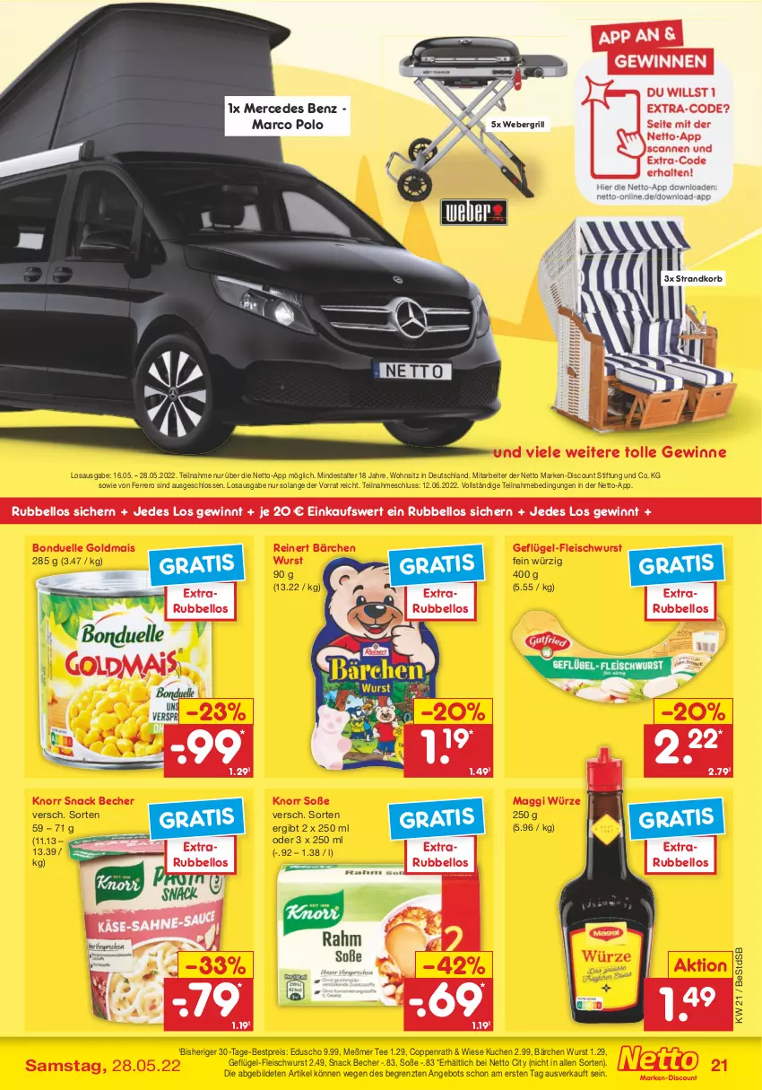 Aktueller Prospekt Netto Marken-Discount - Filial-Angebote - von 23.05 bis 28.05.2022 - strona 21 - produkty: angebot, Becher, bestpreis, bonduelle, bonduelle goldmais, coppenrath, discount, eduscho, eis, elle, ferrero, fleisch, fleischwurst, Geflügel, Geflügel-Fleischwurst, Goldmais, grill, knorr, korb, kuchen, maggi, maggi würze, mais, marken-discount, Meßmer, ndk, reinert, reis, snack, Soße, strandkorb, tee, Ti, weber, wurst, ZTE