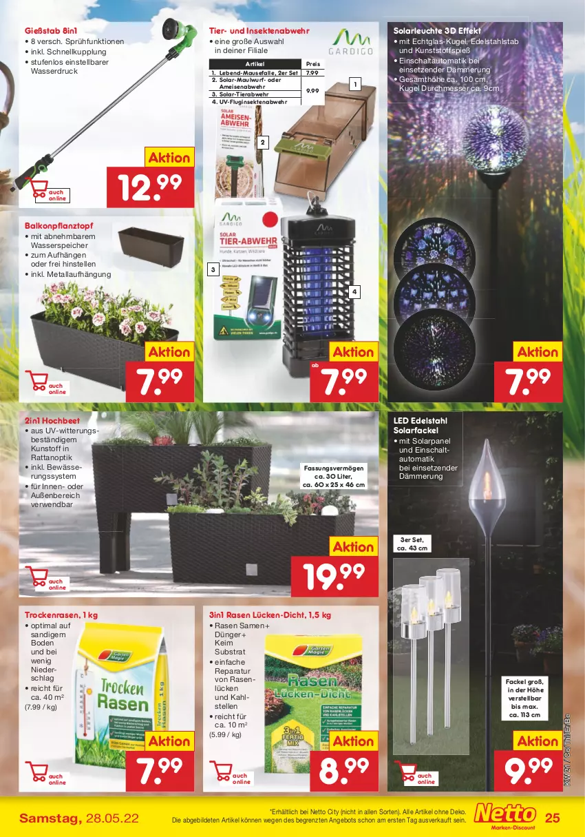 Aktueller Prospekt Netto Marken-Discount - Filial-Angebote - von 23.05 bis 28.05.2022 - strona 25 - produkty: angebot, auto, dünger, edelstahl, eis, elle, gin, Kugel, Leuchte, Maus, messer, Pflanztopf, rasen, reis, rwe, Schal, sekt, Solarfackel, solarleuchte, Ti, topf, wasser, ZTE