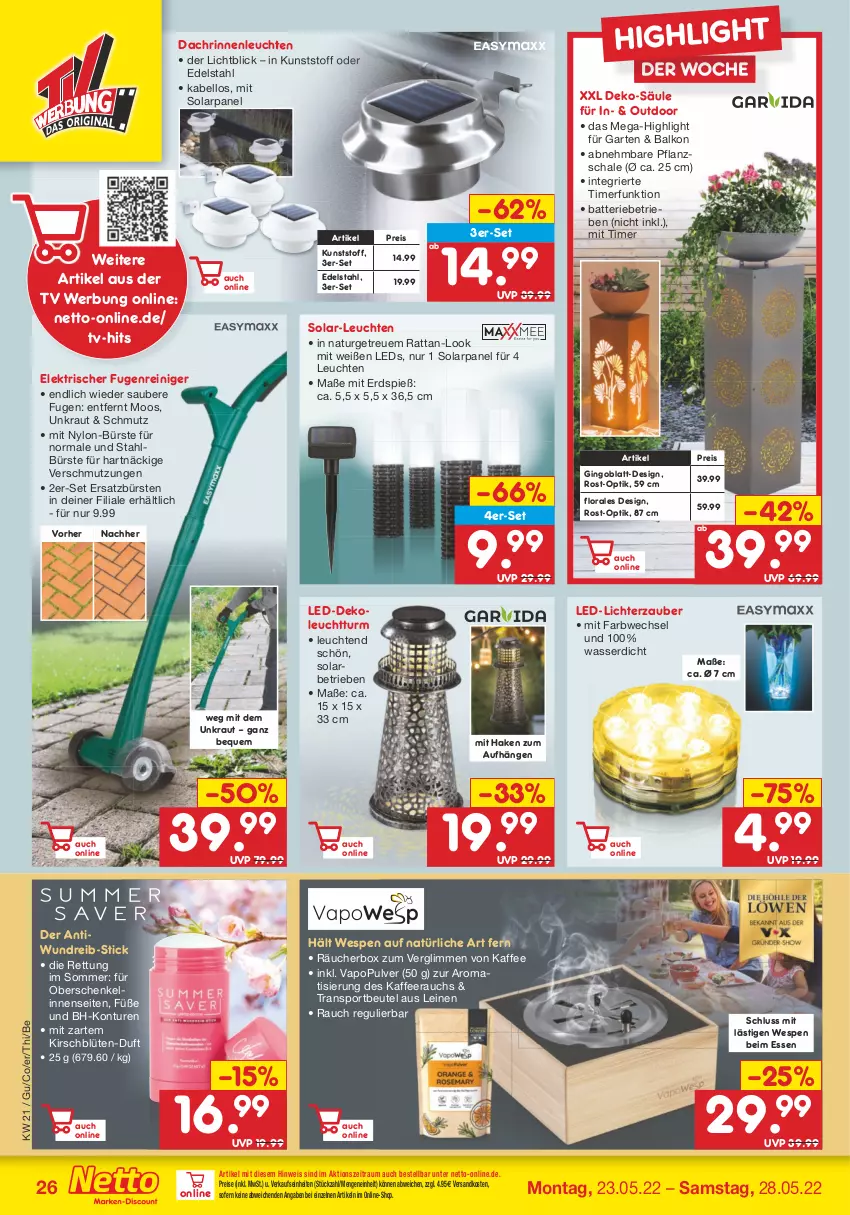 Aktueller Prospekt Netto Marken-Discount - Filial-Angebote - von 23.05 bis 28.05.2022 - strona 26 - produkty: batterie, beutel, Blüte, bürste, bürsten, edelstahl, eis, Garten, gin, henkel, kaffee, kirsch, Kraut, led-licht, leds, leine, Leuchte, leuchten, natur, ndk, Rauch, reiniger, reis, Schal, Schale, schenkel, Sport, Ti, timer, wasser