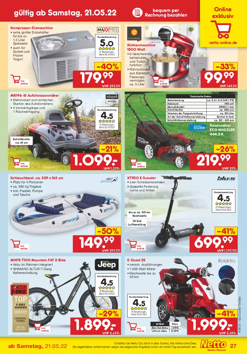 Aktueller Prospekt Netto Marken-Discount - Filial-Angebote - von 23.05 bis 28.05.2022 - strona 27 - produkty: akku, angebot, Behälter, Brei, E-Bike, edelstahl, eis, eismaschine, Elektro, Frozen Yogurt, Kette, kompressor, küche, Küchen, küchenmaschine, quad, rasen, rasenmäher, reis, Rührschüssel, Schal, schlauch, schüssel, scooter, shimano, Sorbet, Tasche, Ti, Yo, ZTE