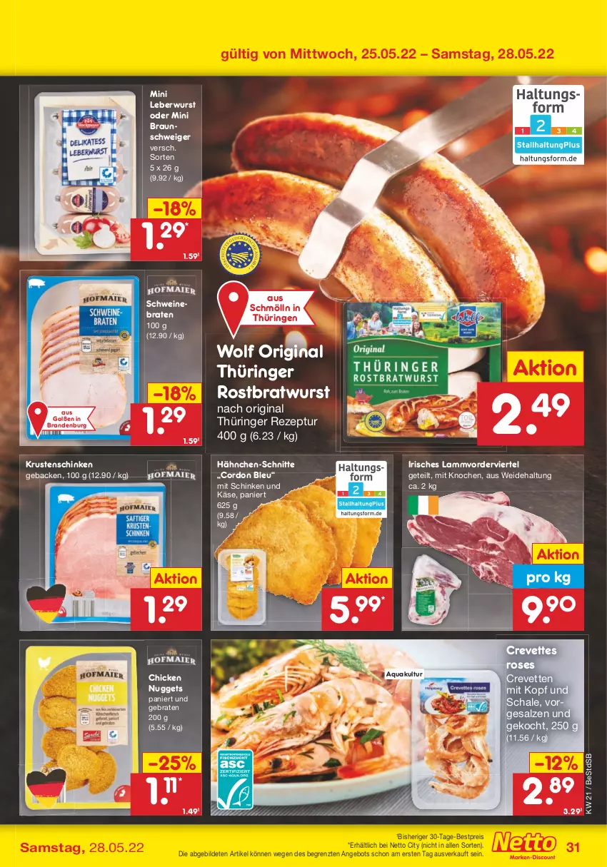 Aktueller Prospekt Netto Marken-Discount - Filial-Angebote - von 23.05 bis 28.05.2022 - strona 31 - produkty: angebot, aqua, bestpreis, braten, bratwurst, braun, chicken nuggets, cordon bleu, eis, geback, gin, Käse, Krustenschinken, lamm, leberwurst, nuggets, original thüringer, reis, rezept, ring, rostbratwurst, salz, Schal, Schale, schinken, schwein, schweine, schweinebraten, thüringer rostbratwurst, Ti, wein, weine, wurst, ZTE