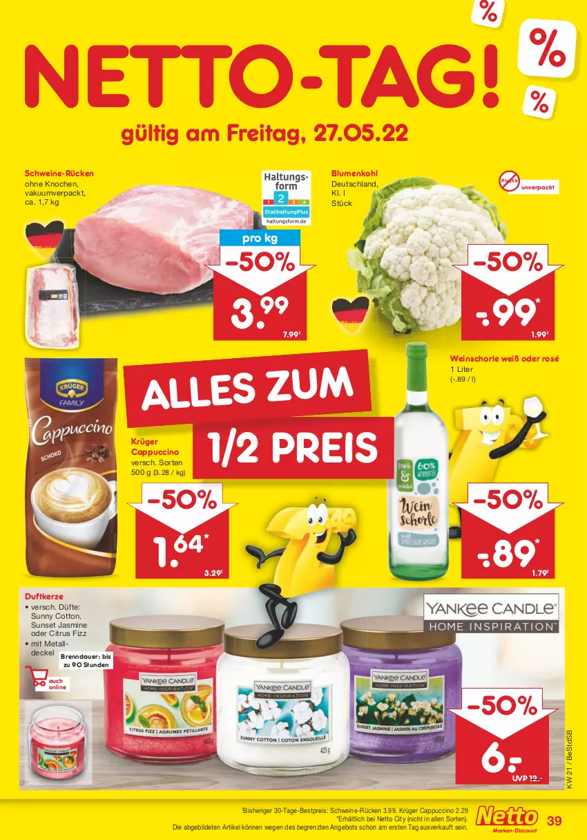 Aktueller Prospekt Netto Marken-Discount - Filial-Angebote - von 23.05 bis 28.05.2022 - strona 39 - produkty: angebot, asti, auer, bestpreis, blume, blumen, blumenkohl, Cap, cappuccino, cin, citrus, decke, Deckel, Duftkerze, eis, kerze, krüger, reis, schorle, schwein, schweine, Ti, wein, weine, weinschorle, ZTE