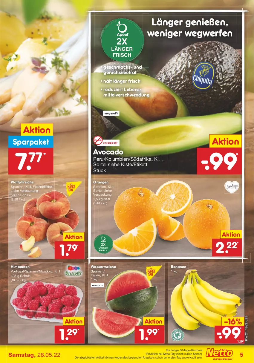 Aktueller Prospekt Netto Marken-Discount - Filial-Angebote - von 23.05 bis 28.05.2022 - strona 5 - produkty: angebot, asti, avocado, banane, bananen, beere, beeren, bestpreis, eis, fleisch, himbeer, himbeere, himbeeren, lebensmittel, mac, melone, orange, orangen, pfirsich, pfirsiche, plattpfirsiche, reis, Schal, Schale, Ti, wasser, wassermelone, ZTE