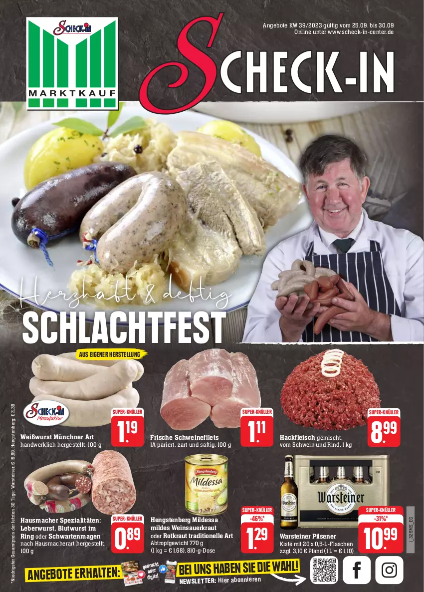 Aktueller Prospekt Edeka - Angebote der Woche - von 25.09 bis 30.09.2023 - strona 1 - produkty: angebot, angebote, auer, eis, elle, ente, Faktu, filet, filets, flasche, fleisch, hackfleisch, hackfleisch gemischt, Hausmacher, hengstenberg, Kraut, leberwurst, mac, pils, pilsener, reis, rind, ring, saft, Sauerkraut, schwein, schwein und rind, schweine, schweinefilet, Spezi, steiner, super-knüller, Ti, vom schwein und rind, warsteiner, wein, weine, Weinsauerkraut, Weißwurst, wurst, ZTE