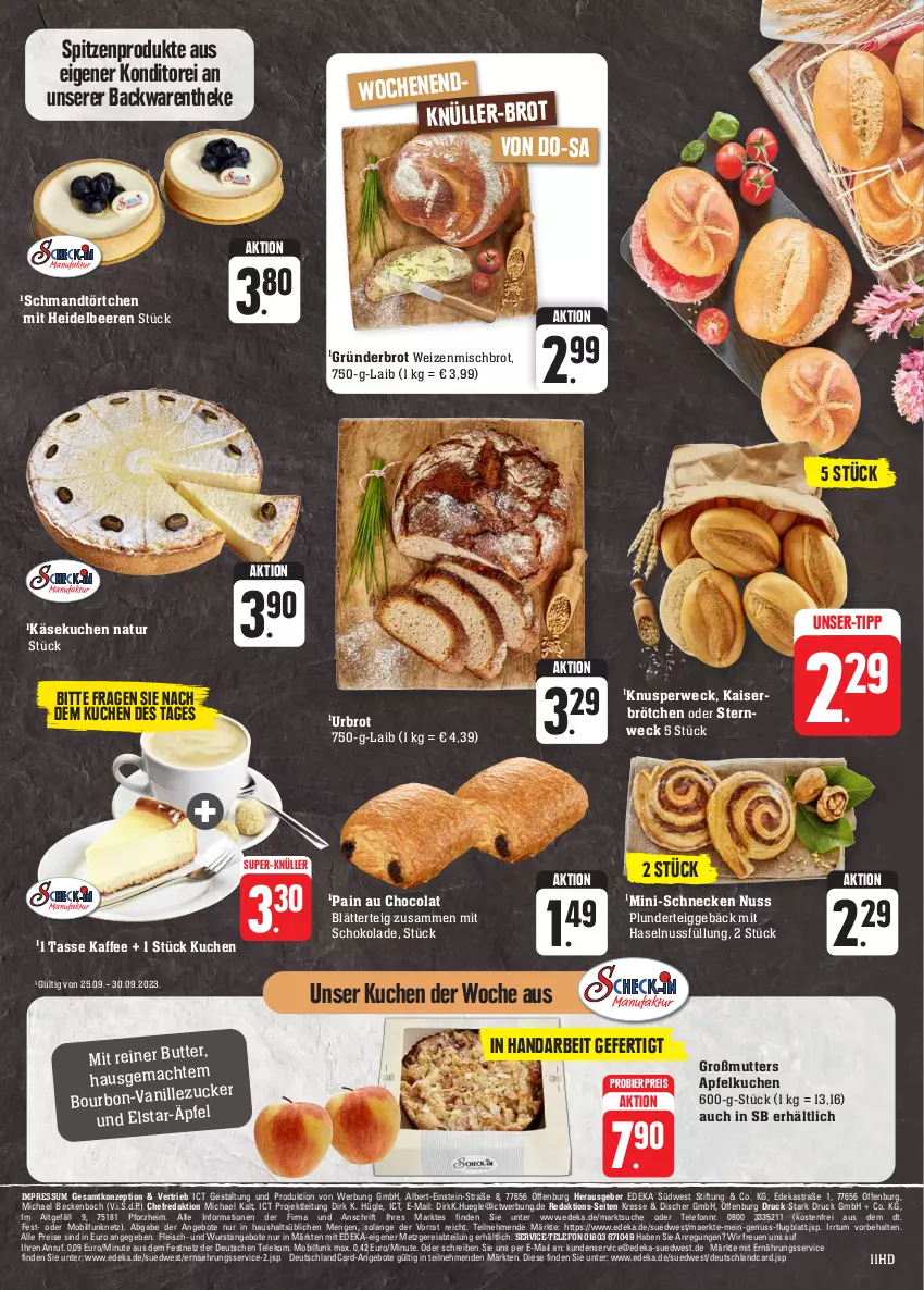 Aktueller Prospekt Edeka - Angebote der Woche - von 25.09 bis 30.09.2023 - strona 11 - produkty: Abtei, angebot, angebote, apfel, Apfelkuchen, Astra, backwaren, beere, beeren, bier, blätterteig, bourbon, brot, brötchen, butter, cola, deka, deutschlandcard, eis, Faktu, fleisch, haselnuss, heidelbeere, heidelbeeren, kaffee, Kaiser, Käse, käsekuchen, kuchen, mac, Mini-Schnecken, natur, nuss, Plunder, reis, rwe, schmand, schoko, schokolade, südwest, super-knüller, tasse, telefon, Ti, Törtchen, weck, weizenmischbrot, wurst, zucker