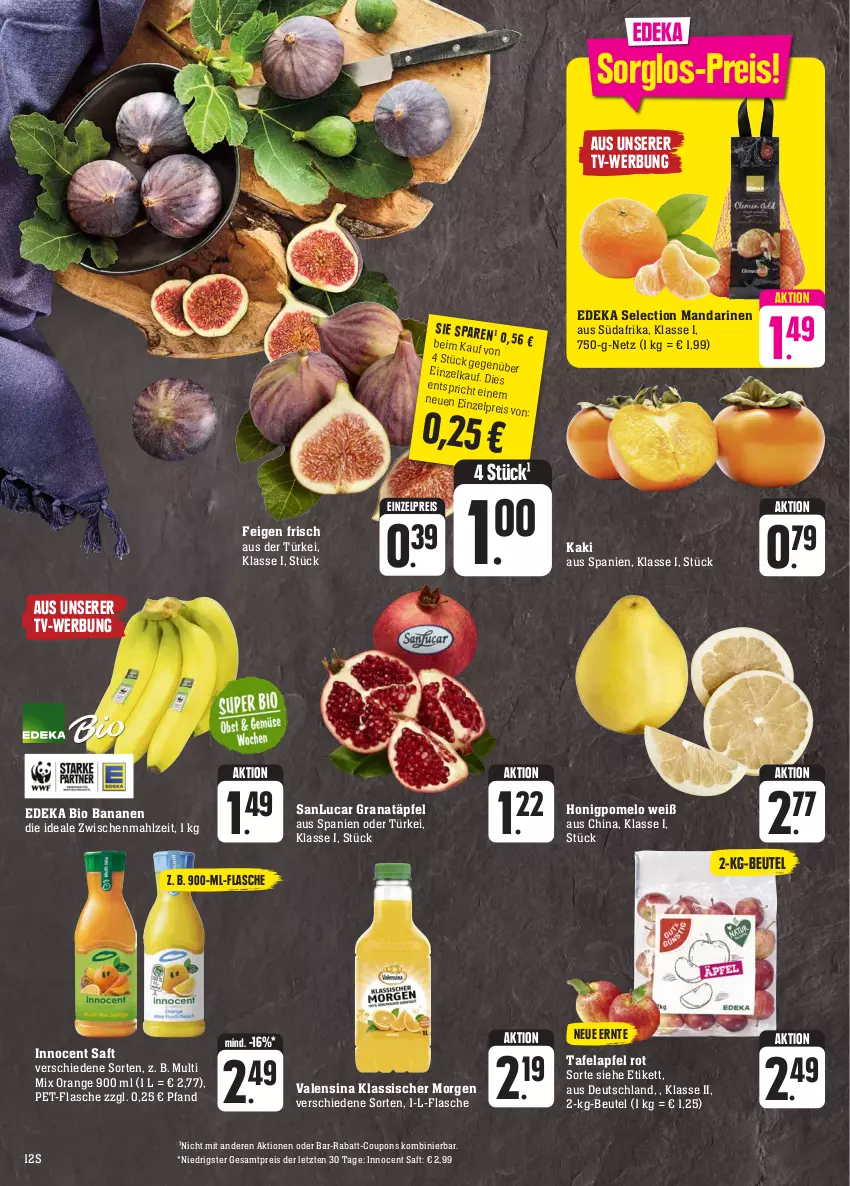 Aktueller Prospekt Edeka - Angebote der Woche - von 25.09 bis 30.09.2023 - strona 12 - produkty: apfel, banane, bananen, beutel, bio, coupon, coupons, deka, edeka bio, eis, Feigen, flasche, grana, Granatäpfel, honig, Honigpomelo, Innocent, Kaki, mandarine, mandarinen, orange, pet-flasche, Pomelo, rabatt-coupon, Rana, reis, saft, Ti, valensina, ZTE