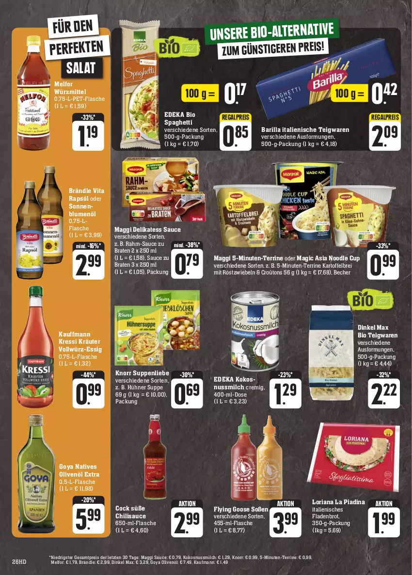 Aktueller Prospekt Edeka - Angebote der Woche - von 25.09 bis 30.09.2023 - strona 26 - produkty: barilla, Becher, bio, blume, blumen, blumenöl, braten, Brei, brot, chili, deka, delikatess sauce, edeka bio, eis, essig, Fladenbrot, flasche, hühner, kartoffel, kartoffelbrei, knorr, kokos, kokosnuss, Kokosnussmilch, kräuter, kressi, maggi, milch, mit röstzwiebeln, natives olivenöl, nuss, olive, oliven, olivenöl, olivenöl extra, pet-flasche, rapsöl, regal, reis, Ria, röstzwiebeln, salat, sauce, sonnenblume, sonnenblumen, sonnenblumenöl, Soße, spaghetti, suppe, suppen, suppenliebe, teigwaren, terrine, Ti, vita, ZTE, zwiebel, zwiebeln