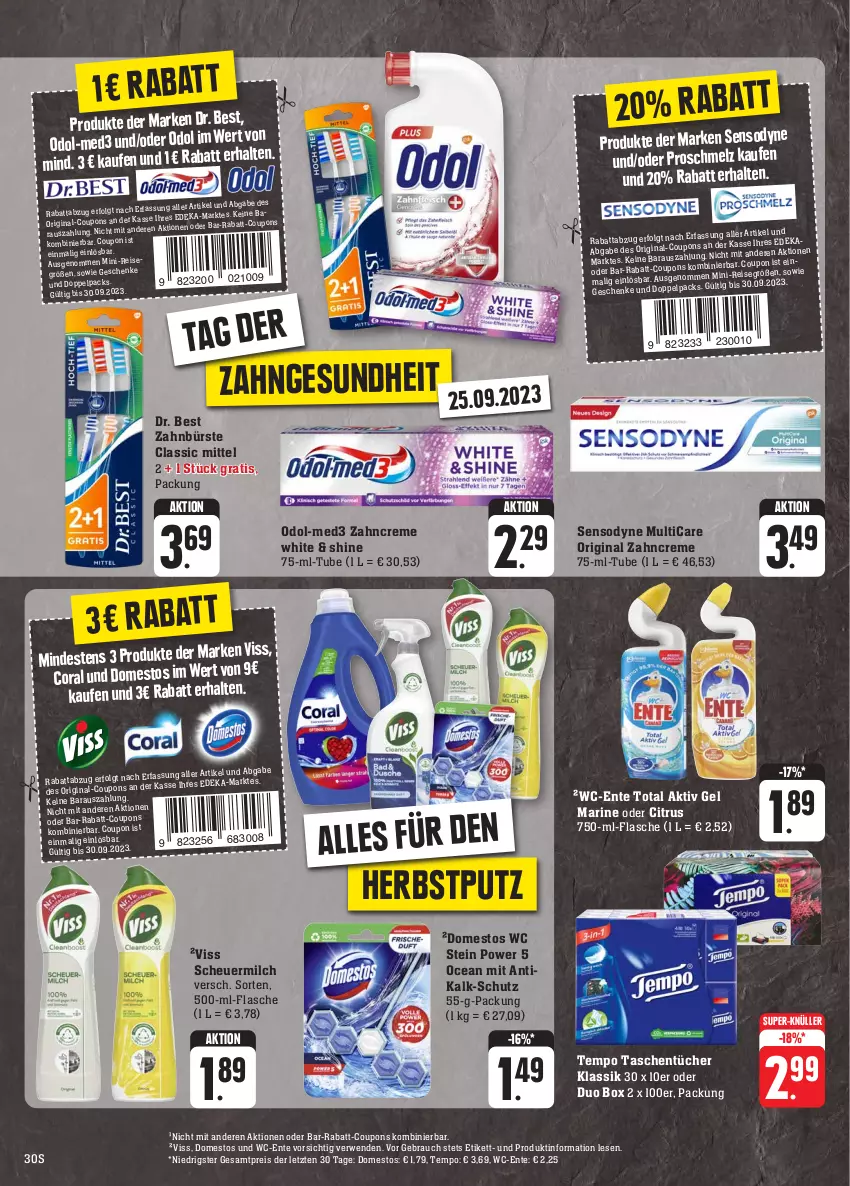 Aktueller Prospekt Edeka - Angebote der Woche - von 25.09 bis 30.09.2023 - strona 30 - produkty: aktiv gel, bürste, citrus, Coral, coupon, coupons, creme, deka, domestos, Dr. Best, eis, ente, flasche, Gesundheit, gin, Heu, LG, milch, Odol, rabatt-coupon, Rauch, reis, rwe, scheuermilch, sensodyne, super-knüller, Tasche, taschen, taschentücher, Tempo, Ti, tücher, zahnbürste, zahncreme, ZTE