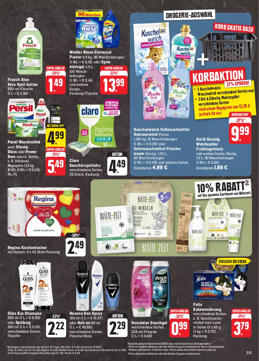 Aktueller Prospekt Edeka - Angebote der Woche - von 25.09 bis 30.09.2023 - strona 31 - produkty: aloe vera, angebot, Blüte, colorwaschmittel, coupon, coupons, deka, deo, deo spray, duschdas, duschgel, eis, felix, flasche, Frosch, gelee, geschirr, gin, gliss, gliss kur, katzennahrung, korb, küche, Küchen, küchentücher, Kuschelweich, Lotion, mac, megaperls, nuss, persil, persil waschmittel, rabatt-coupon, regal, reis, rexona, roll-on, shampoo, shampoo 250 ml, spee, spülung, spülung 200 ml, super-knüller, Ti, tücher, universal megaperls, universal pulver, vollwaschmittel, waschmittel, weichspüler, ZTE