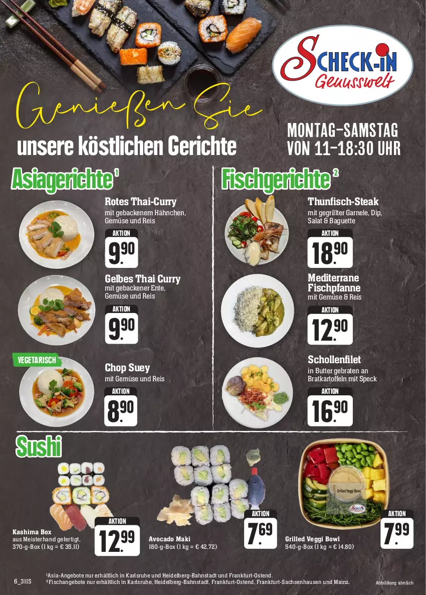 Aktueller Prospekt Edeka - Angebote der Woche - von 25.09 bis 30.09.2023 - strona 6 - produkty: angebot, angebote, avocado, baguette, braten, butter, curry, dip, eis, ente, filet, fisch, geback, grill, HP, kartoffel, kartoffeln, Meister, mit gemüse, pfanne, reis, sac, salat, scholl, Speck, steak, Sushi, thunfisch, Ti, uhr, Vegeta