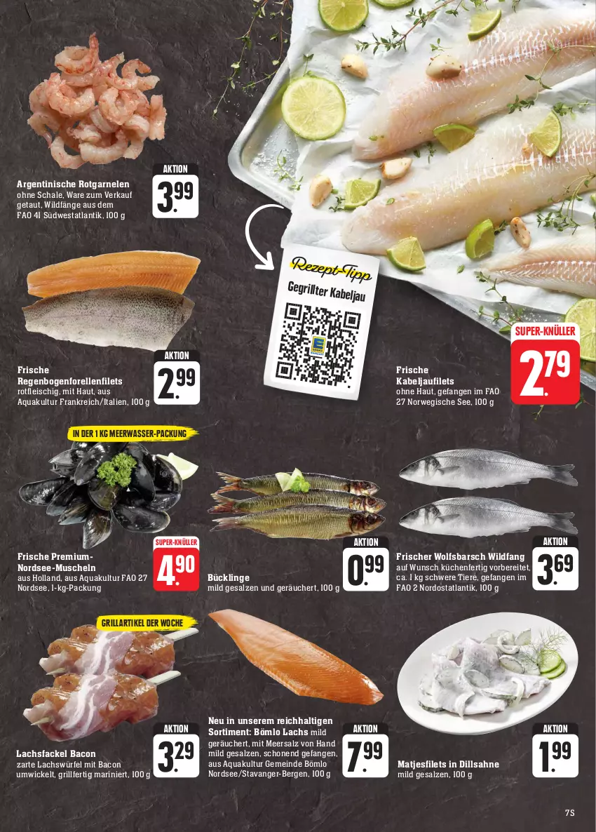 Aktueller Prospekt Edeka - Angebote der Woche - von 25.09 bis 30.09.2023 - strona 7 - produkty: aqua, bacon, eis, elle, filet, filets, fleisch, forelle, garnelen, grill, kabeljaufilet, küche, Küchen, lachs, matjes, Matjesfilet, matjesfilets, meersalz, Meerwasser, Muscheln, Nordsee, rel, rwe, sahne, salz, Schal, Schale, südwest, super-knüller, Ti, Tiere, wasser, WICK, Wild, wolfsbarsch, würfel