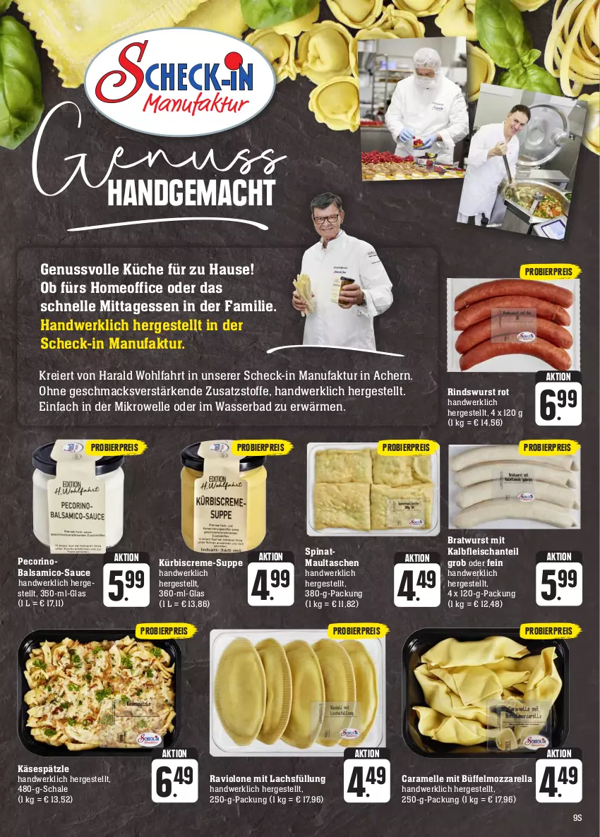 Aktueller Prospekt Edeka - Angebote der Woche - von 25.09 bis 30.09.2023 - strona 9 - produkty: Bad, balsam, balsamico, bier, bratwurst, caramel, creme, eier, eis, elle, Faktu, fleisch, Kalbfleisch, Käse, küche, Kürbis, lachs, mac, maultaschen, mikrowelle, mit kalbfleisch, mozzarella, nuss, office, Pecorino, reis, rel, rind, sauce, Schal, Schale, spinat, suppe, Tasche, taschen, Ti, wasser, wurst