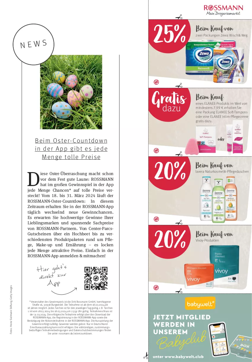 Aktueller Prospekt Rossmann - Prospekte - von 01.03 bis 31.03.2024 - strona 95 - produkty: creme, dusche, eis, Elan, ente, erde, gewinnspiel, gutschein, gutscheine, heinz, HP, kosmetik, lavera, LG, mac, Make-up, natur, naturkosmetik, Pflegecreme, pflegedusche, reis, sac, Tampon, tampons, Ti, uhr, wedel, zewa