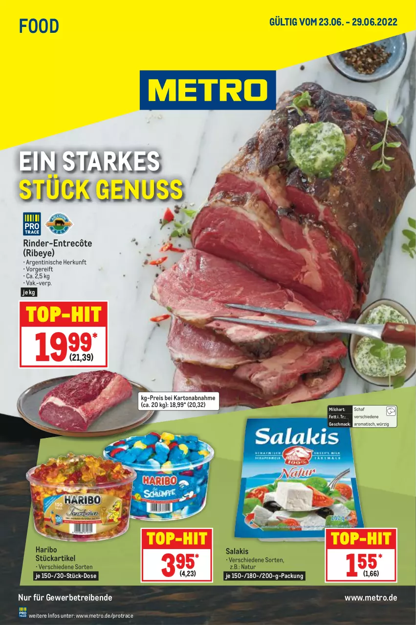 Aktueller Prospekt Metro - Food - von 23.06 bis 29.06.2022 - strona 1 - produkty: eis, entrecôte, haribo, mac, Metro, milch, natur, nuss, reis, rind, rinder, salakis, Ti, tisch, top-hit