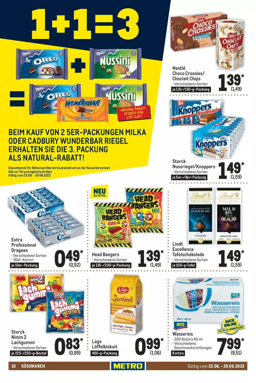 Aktueller Prospekt Metro - Food - von 23.06 bis 29.06.2022 - strona 10 - produkty: auto, beutel, chips, choclait chips, choco crossies, crossies, eis, elle, knoppers, lachgummi, lindt, Löffel, mac, milka, natur, natura, nestlé, Nimm 2, nuss, nussriegel, reis, riegel, schoko, schokolade, storck, süsswaren, tafelschokolade, Ti, tisch, wasser, wassereis