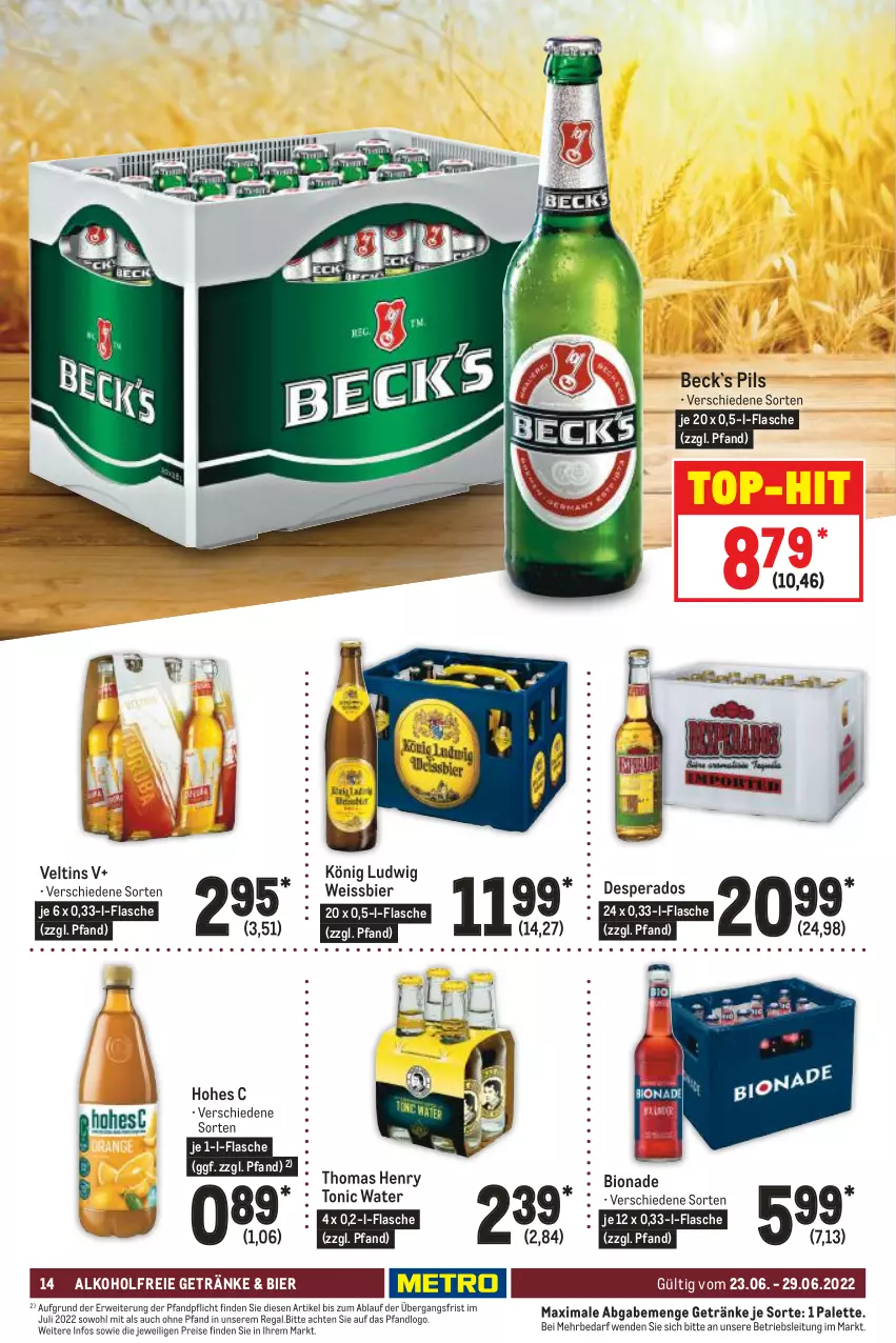 Aktueller Prospekt Metro - Food - von 23.06 bis 29.06.2022 - strona 14 - produkty: alkohol, alkoholfreie getränke, bier, bio, bionade, desperados, eis, flasche, getränk, getränke, Hohes C, Palette, pils, regal, reis, rwe, thomas henry, Ti, tonic, tonic water, top-hit, veltins, weissbier