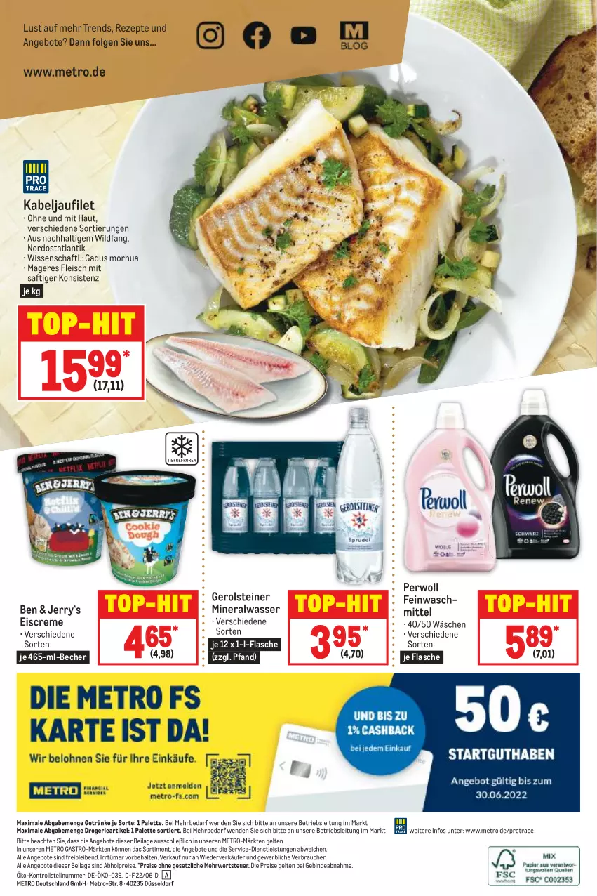 Aktueller Prospekt Metro - Food - von 23.06 bis 29.06.2022 - strona 16 - produkty: abholpreise, Alwa, angebot, angebote, Becher, creme, eis, eiscreme, feinwaschmittel, filet, flasche, fleisch, gerolsteine, gerolsteiner, getränk, getränke, ilag, kabeljaufilet, LG, Metro, metro gastro, mineralwasser, Palette, perwoll, Rauch, reis, rezept, rezepte, rwe, saft, steiner, Ti, top-hit, waschmittel, wasser, Wild