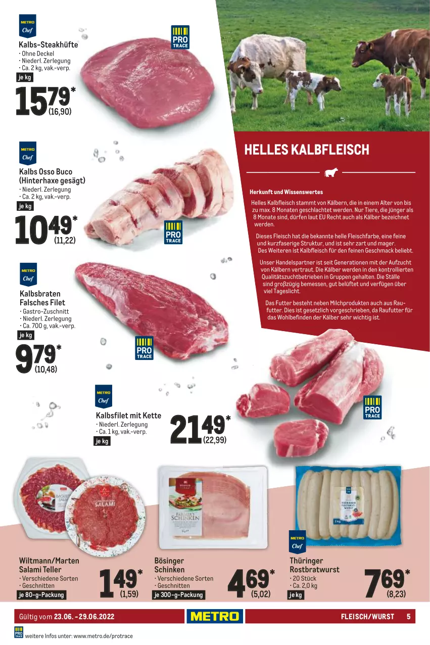 Aktueller Prospekt Metro - Food - von 23.06 bis 29.06.2022 - strona 5 - produkty: axe, braten, bratwurst, bsf, decke, Deckel, eis, elle, Falsches Filet, filet, fleisch, Haxe, Kette, Metro, ring, rostbratwurst, salami, schinken, schnitten, steak, steakhüfte, tee, teller, thüringer rostbratwurst, Ti, wiltmann, wurst