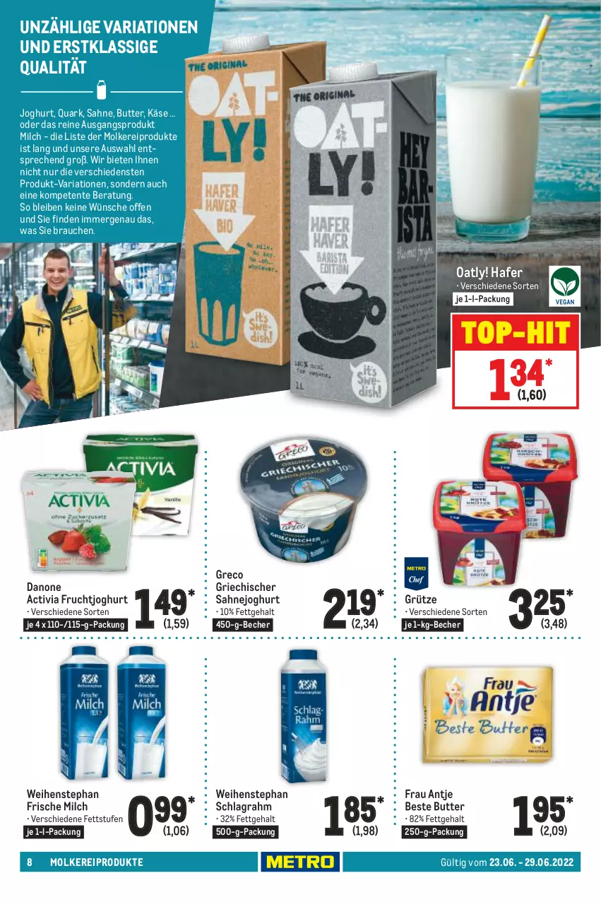 Aktueller Prospekt Metro - Food - von 23.06 bis 29.06.2022 - strona 8 - produkty: activia, Becher, beste butter, butter, danone, danone activia, ente, frau antje, frische milch, frucht, fruchtjoghurt, grütze, hafer, joghur, joghurt, Käse, milch, molkereiprodukte, quark, Rauch, Ria, sahne, Sahnejoghurt, schlagrahm, Ti, top-hit, weihenstephan