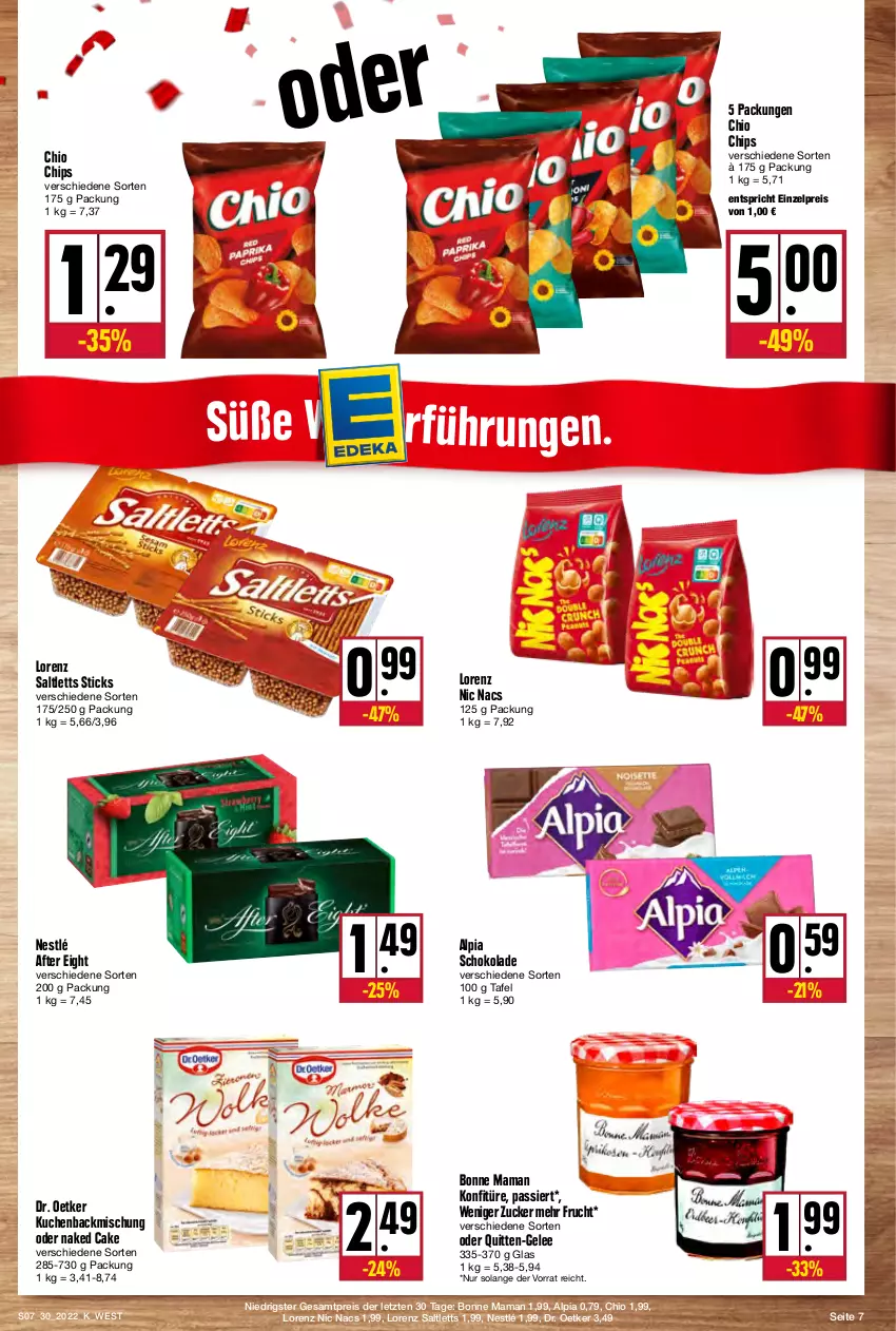 Aktueller Prospekt Kupsch - Angebote der Woche - von 25.07 bis 30.07.2022 - strona 7 - produkty: after eight, alpia, backmischung, bonne maman, chio chips, chips, Dr. Oetker, eis, frucht, gelee, konfitüre, kuchen, lorenz, mam, nestlé, reis, saltletts, schoko, schokolade, Ti, ZTE, zucker