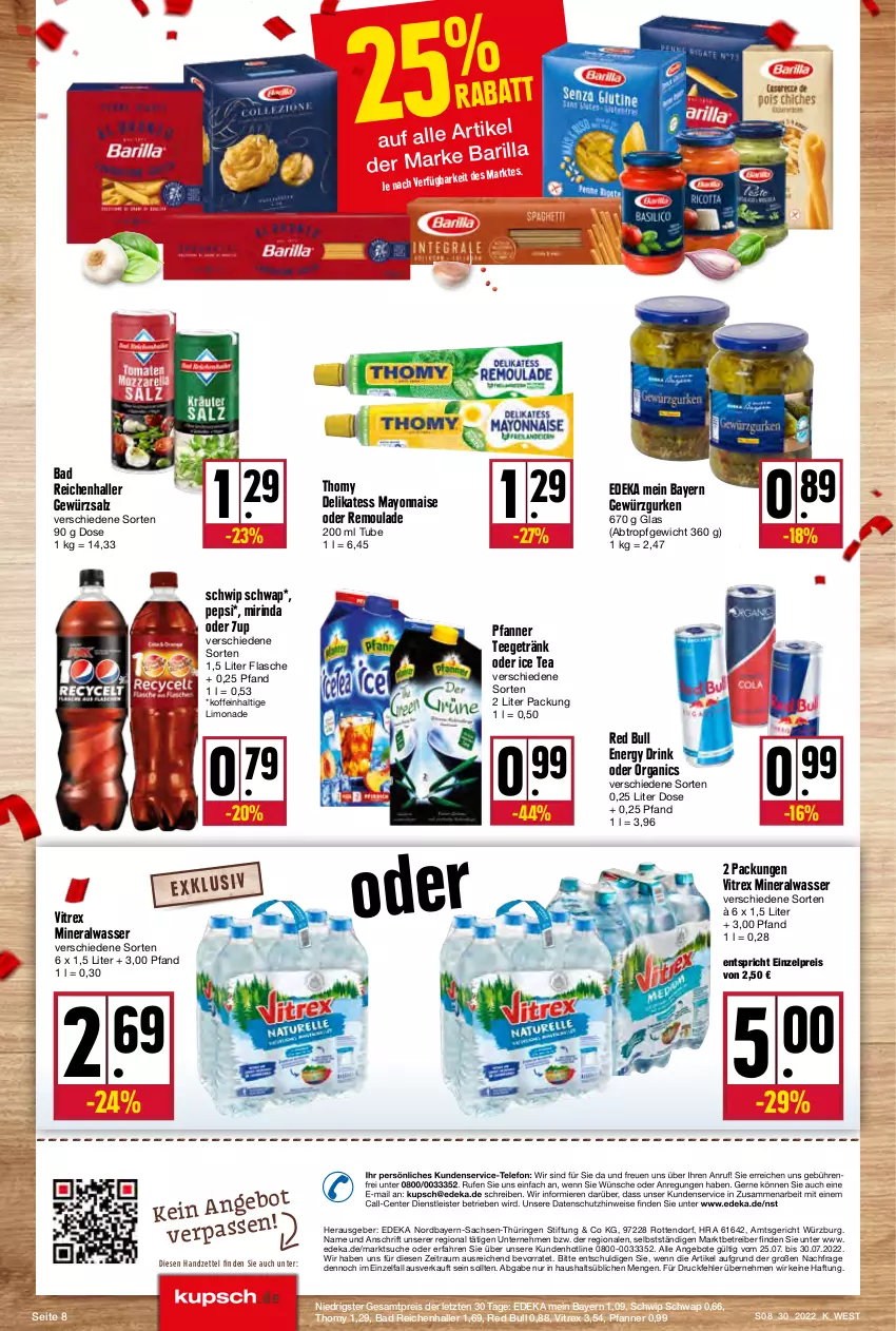 Aktueller Prospekt Kupsch - Angebote der Woche - von 25.07 bis 30.07.2022 - strona 8 - produkty: 7UP, Alwa, angebot, angebote, Astra, Bad, deka, drink, eis, energy drink, ente, flasche, getränk, gewürz, Gewürzgurke, gewürzgurken, gewürzsalz, gurke, gurken, ice tea, limo, limonade, mayonnaise, mineralwasser, Mirinda, pepsi, pfanne, Pfanner, Rauch, red bull, reis, remoulade, rind, ring, sac, salz, Schwip Schwap, tee, telefon, thomy, Ti, vitrex, wasser, Yo, ZTE