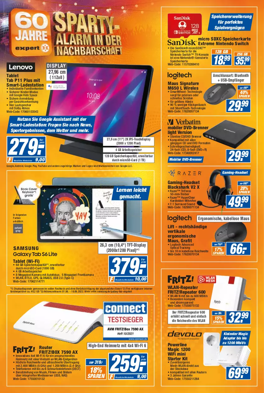 Aktueller Prospekt Expert Singen - Prospekte - von 01.06 bis 07.06.2022 - strona 12 - produkty: adapter, angebot, auto, dvd, eis, elle, fritz, frontkamera, gaming-headset, google play, GPS, Headset, kamera, Kinder, lack, lautsprecher, LG, logitech, mac, Maus, microsd, microsdxc, natur, nintendo, Nintendo Switch, Razer, reis, rel, Router, rwe, Samsung, sandisk, speicherkarte, Sport, steckdose, tablet, telefon, Ti, usb, Yo