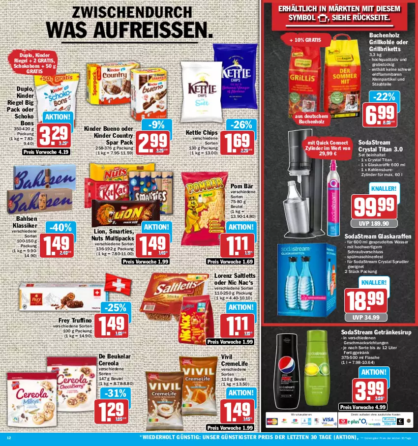 Aktueller Prospekt Hit - Prospekte - von 31.07 bis 05.08.2023 - strona 12 - produkty: bahlsen, beutel, briketts, buch, chips, creme, duplo, eis, flasche, getränk, getränke, getränkesirup, glaskaraffe, grill, grillbriketts, Grillkohle, Holz, Karaffe, Kinder, kinder bueno, kinder country, kinder riegel, lamm, lion, lorenz, mac, obst, reis, reiss, riegel, saltletts, schoko, sirup, smarties, Soda, sodastream, Sprudel, spülmaschinen, Ti, Tiere, wasser, ZTE