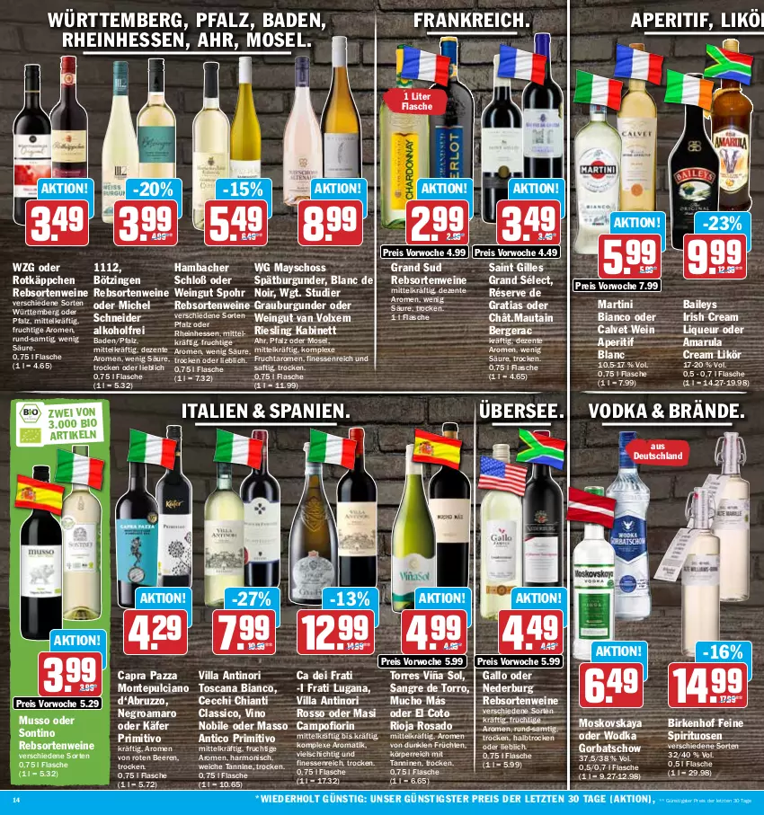 Aktueller Prospekt Hit - Prospekte - von 31.07 bis 05.08.2023 - strona 14 - produkty: alkohol, amaro, amarula, aperitif, Bad, baileys, beere, beeren, Berger, bio, burgunder, Cap, chia, chianti, classico, eis, ente, finesse, flasche, frucht, früchte, früchten, gallo, Gorbatschow, grand sud, grauburgunder, irish cream, kabinett, käfer, likör, liqueur, martini, monte, Montepulciano, moskovskaya, nederburg, primitivo, rebsortenweine, reis, riesling, rioja, rotkäppchen, saft, spätburgunder, spirituosen, Ti, vodka, wein, weine, wodka, ZTE