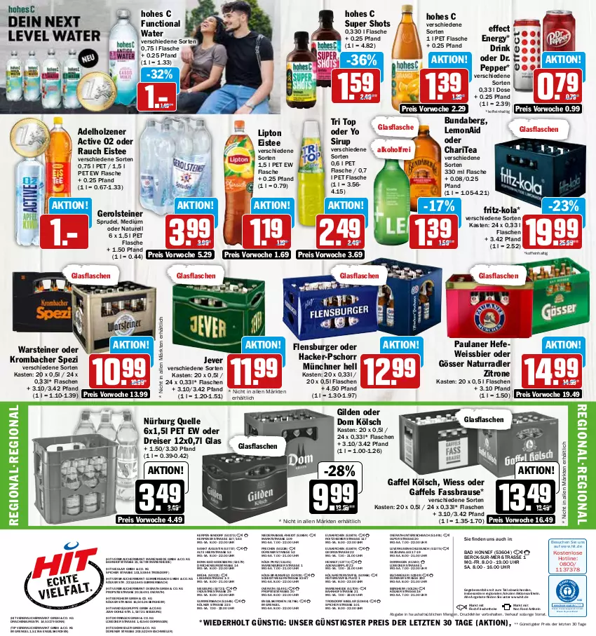 Aktueller Prospekt Hit - Prospekte - von 31.07 bis 05.08.2023 - strona 16 - produkty: adelholzener, alkohol, angebot, angebote, auer, Bad, bier, braun, brause, Bundaberg, burger, drink, drucker, Effect, eimer, eis, eistee, elle, Engel, fassbrause, fisch, flasche, flensburger, fritz, fritz-kola, gerolsteine, gerolsteiner, glasflasche, gösser, Hefe, Hohes C, Holz, jever, kerze, krombache, krombacher, lipton, Lübecker, natur, Paula, paulaner, radler, Rauch, reis, rel, sirup, Spezi, Sprudel, steiner, tee, Ti, uhr, warsteiner, weissbier, Yo, zitrone, ZTE