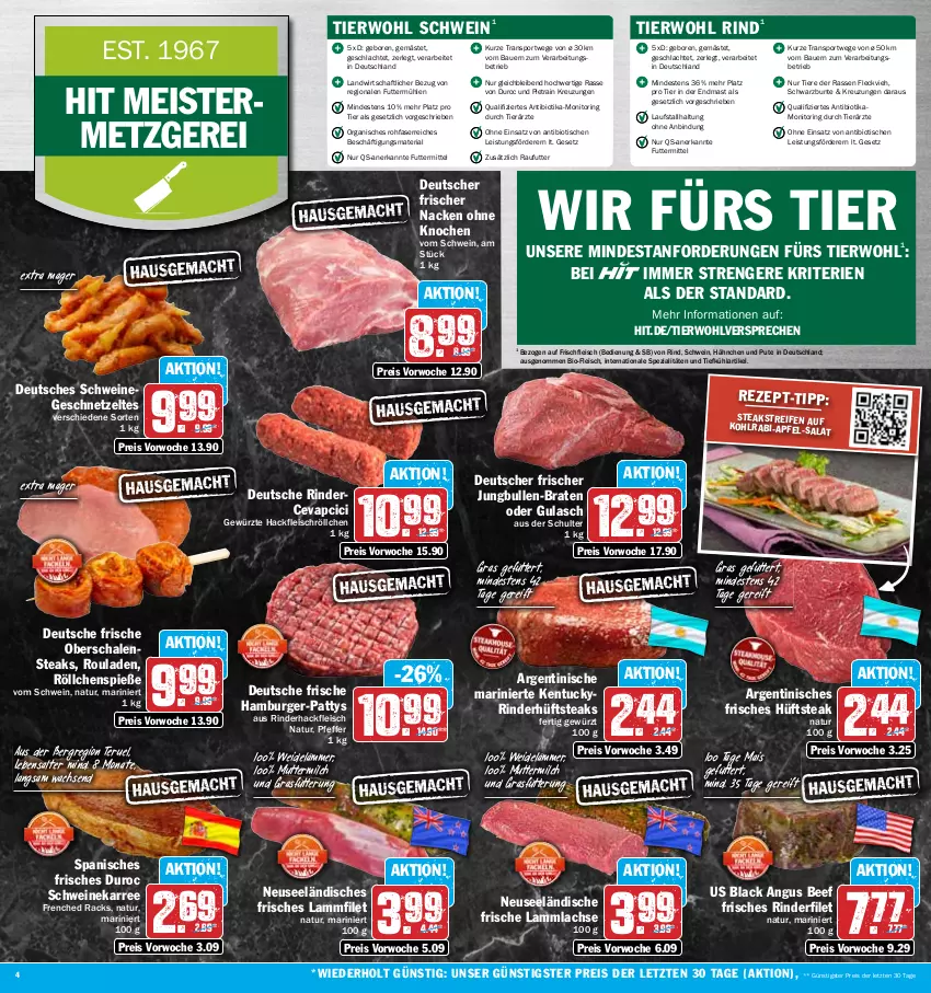 Aktueller Prospekt Hit - Prospekte - von 31.07 bis 05.08.2023 - strona 4 - produkty: apfel, auer, Bau, Bauer, beef, bio, braten, burger, cevapcici, eis, filet, fleisch, Geflügel, geschnetzeltes, gewürz, gulasch, hackfleisch, hamburger, hüftsteak, hüftsteaks, jungbullen, kohlrabi, lachs, lack, lamm, lammlachse, mais, Meister, milch, monitor, natur, pfeffer, pute, reifen, reis, Ria, rind, rinder, rinderfilet, rinderhackfleisch, ring, rouladen, Schal, Schale, schwein, schweine, Spezi, Sport, steak, steaks, Ti, Tiere, tisch, tuc, wein, weine, Zelt, ZTE