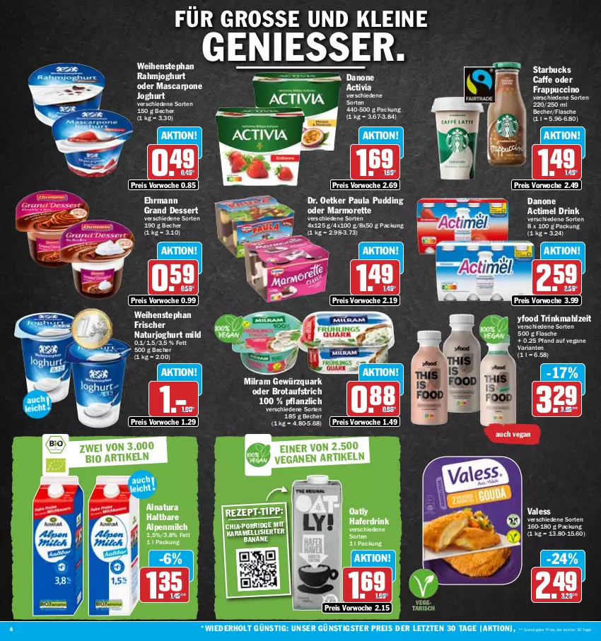 Aktueller Prospekt Hit - Prospekte - von 31.07 bis 05.08.2023 - strona 8 - produkty: actimel, actimel drink, activia, alpenmilch, aufstrich, banane, Becher, bio, brot, brotaufstrich, caffe, chia, cin, danone, danone actimel drink, danone activia, dessert, Dr. Oetker, drink, ehrmann, Ehrmann Grand Dessert, eis, flasche, gewürz, gewürzquark, hafer, Haferdrink, joghur, joghurt, joghurt mild, karamell, leine, marmorette, mascarpone, milch, milram, natur, natura, naturjoghurt, Paula, paula pudding, porridge, pudding, quark, rahmjoghurt, reis, Ria, starbucks, Ti, weihenstephan, ZTE