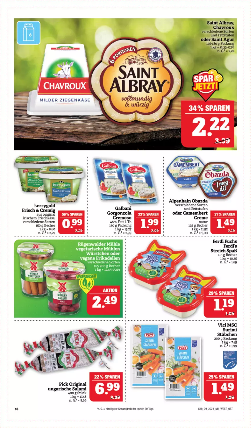 Aktueller Prospekt Marktkauf - Prospekt - von 24.09 bis 30.09.2023 - strona 18 - produkty: albray, Alpenhain, Becher, camembert, chavroux, creme, frischkäse, galbani, gin, gorgonzola, Käse, natur, obazda, Saint Agur, saint albray, salami, Ungarische Salami