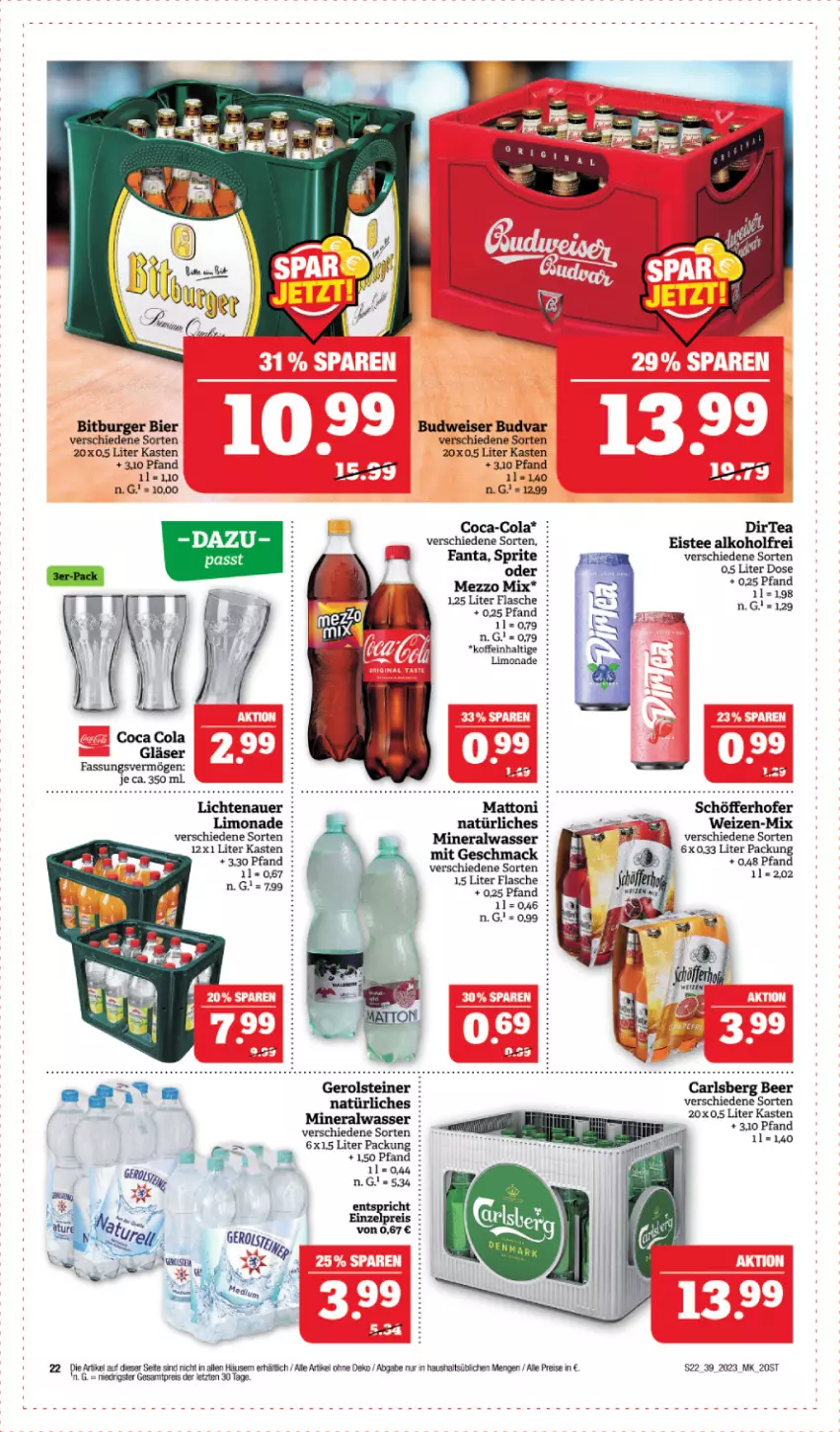 Aktueller Prospekt Marktkauf - Prospekt - von 24.09 bis 30.09.2023 - strona 22 - produkty: alkohol, Alwa, auer, bier, bitburger, budweiser, burger, carlsberg, carlsberg beer, chia, coca-cola, cola, eis, eistee, fanta, flasche, Gläser, lichtenauer, limo, limonade, mac, Mezzo Mix, mineralwasser, reis, schöfferhofer, sprite, tee, Ti, wasser, ZTE