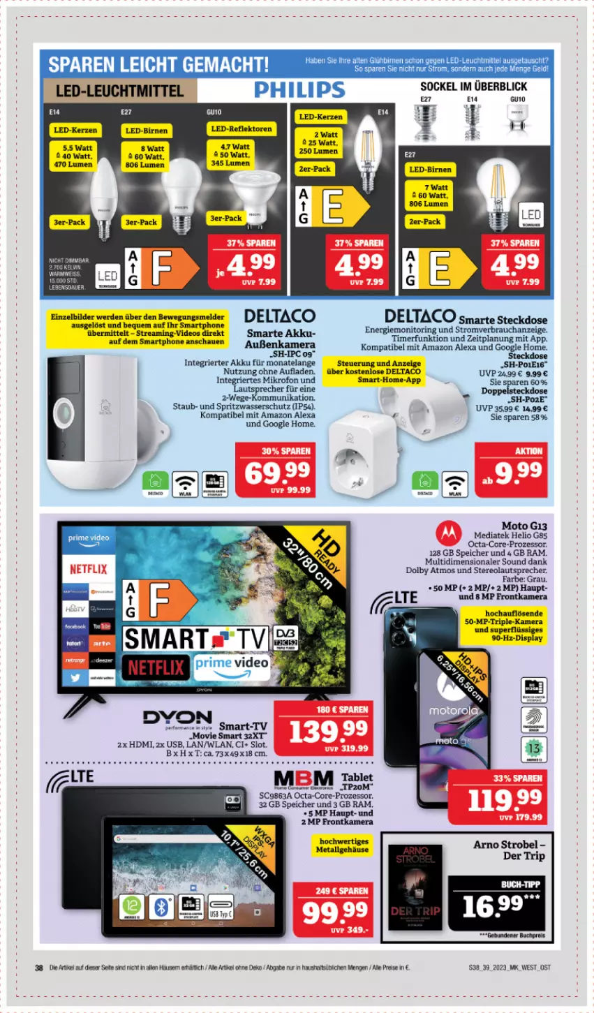 Aktueller Prospekt Marktkauf - Prospekt - von 24.09 bis 30.09.2023 - strona 38 - produkty: akku, alexa, amazon alexa, Birnen, buch, deo, eis, Elan, erde, frontkamera, HDMI, HP, kamera, kerze, lautsprecher, LED-Kerze, leuchtmittel, mac, monitor, Philips, reis, ring, smartphone, steckdose, tee, Ti, timer, usb, wasser