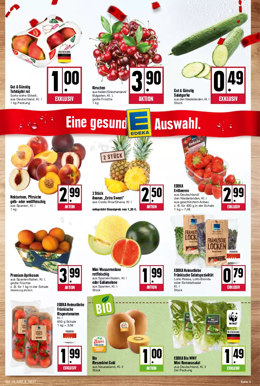 Aktueller Prospekt Kupsch - Angebote der Woche - von 20.06 bis 25.06.2022 - strona 3 - produkty: ananas, aprikose, aprikosen, Bau, beere, beeren, bio, deka, edeka bio, Eichblattsalat, eis, Elan, erdbeere, erdbeeren, fleisch, früchte, galiamelone, gurke, kirsch, kirsche, kirschen, kiwi, Kiwi Gold, LG, melone, Nektar, nektarinen, pfirsich, pfirsiche, reis, rispentomaten, Romanasalat, salat, Salatgurke, Schal, Schale, Spezi, tafeläpfel, Ti, tomate, tomaten, wasser, wassermelone, ZTE