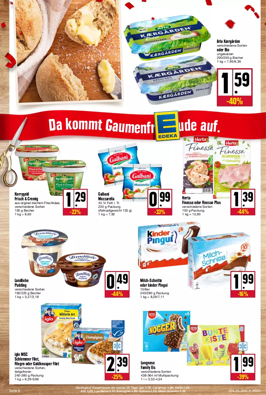 Aktueller Prospekt Kupsch - Angebote der Woche - von 20.06 bis 25.06.2022 - strona 6 - produkty: arla, Becher, bio, eis, filegro, filet, finesse, frischkäse, galbani, gin, herta, herta finesse, iglo, Kærgården, Käse, kerrygold, Kinder, kinder pingui, landliebe, langnese, milch, milch-schnitte, mozzarella, pingui, pudding, reis, rel, salz, Ti, ZTE