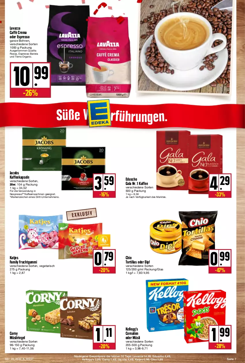 Aktueller Prospekt Kupsch - Angebote der Woche - von 20.06 bis 25.06.2022 - strona 7 - produkty: bohne, bohnen, caffè crema, cerealien, cerealien oder müsli, corny, dip, eduscho, eis, espresso, frucht, fruchtgummi, jacobs, kaffee, kaffeekapseln, kaffeemaschine, katjes, Kellogg‘s, lavazza, müsli, Müsliriegel, nespresso, oder espresso, reis, riegel, rwe, Ti, tortilla, tortillas, Vegeta, ZTE