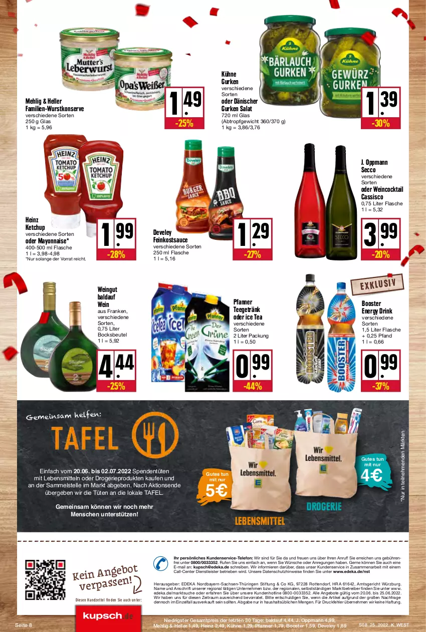 Aktueller Prospekt Kupsch - Angebote der Woche - von 20.06 bis 25.06.2022 - strona 8 - produkty: angebot, angebote, Astra, beutel, cassis, cocktail, deka, develey, drink, ecco, eis, elle, energy drink, ente, feinkost, flasche, getränk, gurke, gurken, heinz, ice tea, ketchup, Kühne, lebensmittel, mayonnaise, mehl, pfanne, Pfanner, Rauch, reis, ring, sac, salat, sauce, tee, telefon, Ti, Tüte, wein, wurst, Yo, ZTE