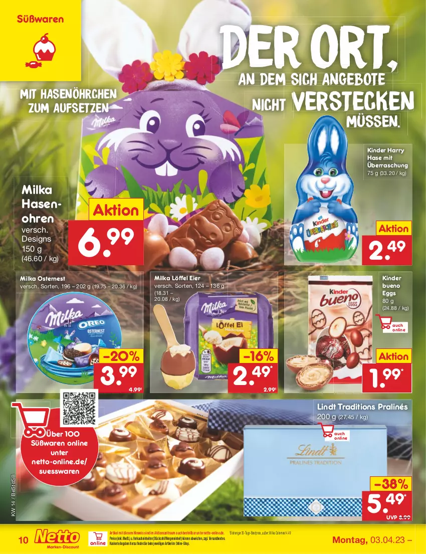 Aktueller Prospekt Netto Marken-Discount - Filial-Angebote - von 03.04 bis 08.04.2023 - strona 10 - produkty: angebot, angebote, bestpreis, eier, eis, Kinder, kinder bueno, lindt, Löffel, milka, ndk, reis, Ti