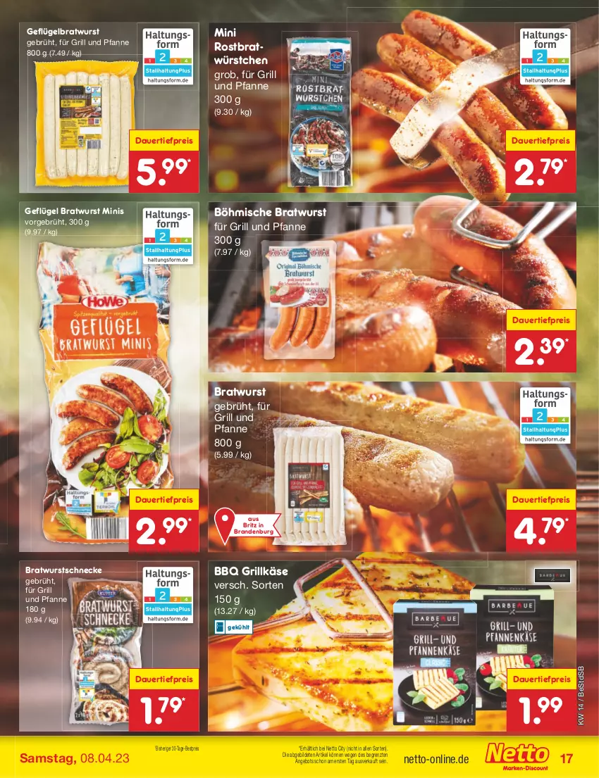 Aktueller Prospekt Netto Marken-Discount - Filial-Angebote - von 03.04 bis 08.04.2023 - strona 17 - produkty: angebot, auer, bestpreis, bratwurst, dauertiefpreis, eis, für grill und pfanne, Geflügel, grill, grill und pfanne, Grillkäse, Käse, pfanne, reis, Ti, tiefpreis, und pfanne, wurst, würstchen, ZTE